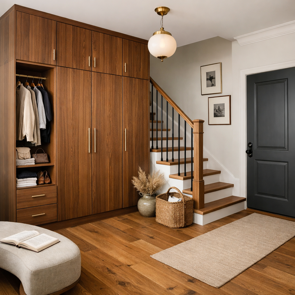 an room wiht a promintent wardobe with stairs wooden floor and a door looking like in a design magzine
